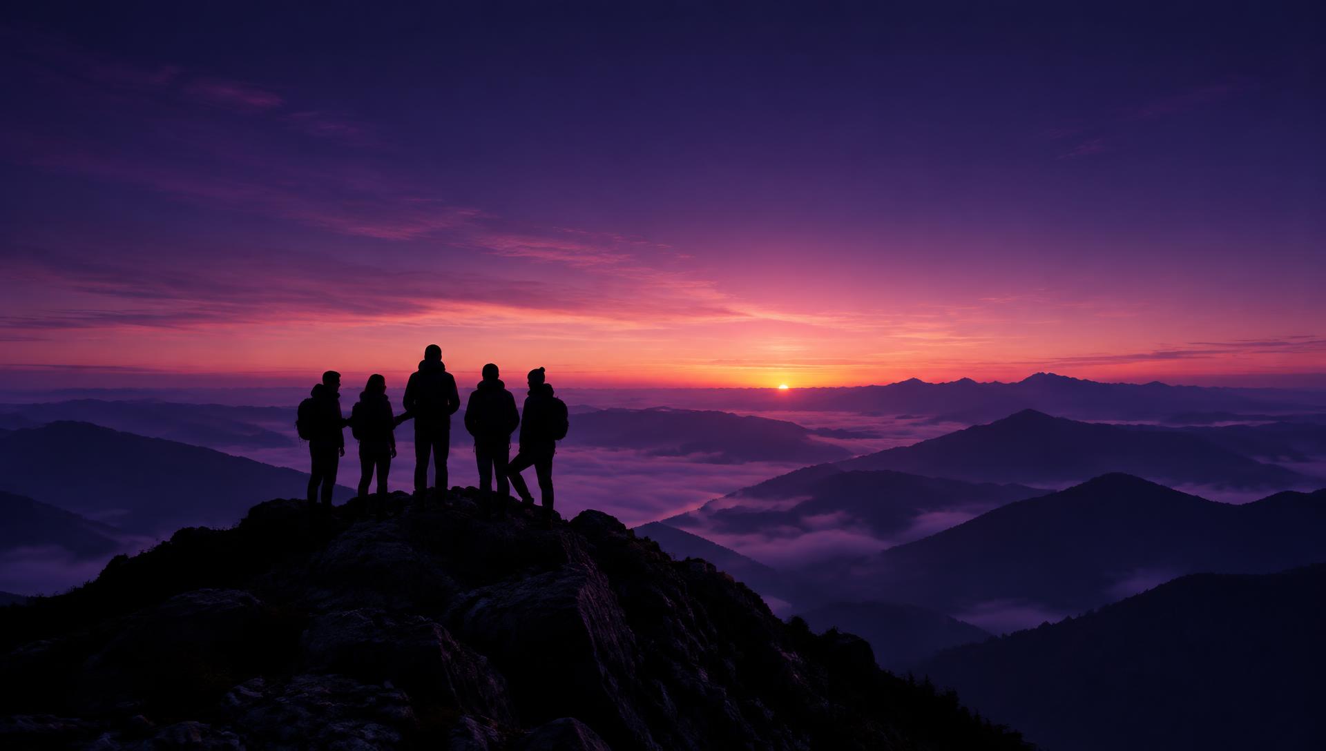 A small group of people standing together on a mountain summit at dawn